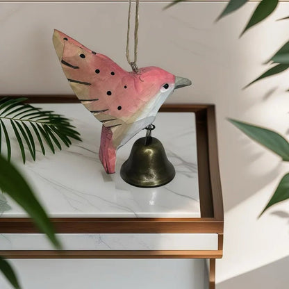 Hand-Carved Hummingbird Figurine Wooden with Bell Wind Chime Pendant Wood Grain with Soothing Sound Mini Sculpture - Smoothy Home