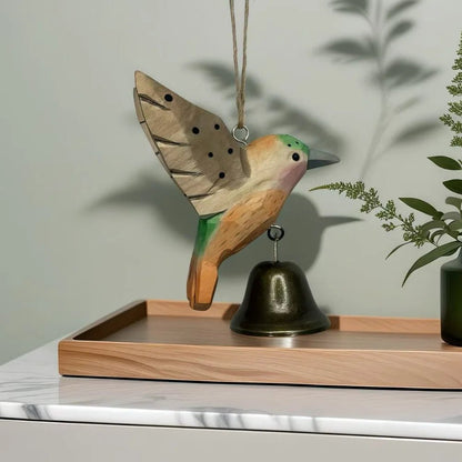 Hand-Carved Hummingbird Figurine Wooden with Bell Wind Chime Pendant Wood Grain with Soothing Sound Mini Sculpture - Smoothy Home