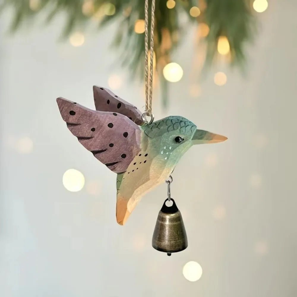 Hand-Carved Hummingbird Figurine Wooden with Bell Wind Chime Pendant Wood Grain with Soothing Sound Mini Sculpture - Smoothy Home