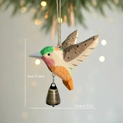 Hand-Carved Hummingbird Figurine Wooden with Bell Wind Chime Pendant Wood Grain with Soothing Sound Mini Sculpture - Smoothy Home