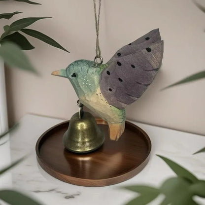 Hand-Carved Hummingbird Figurine Wooden with Bell Wind Chime Pendant Wood Grain with Soothing Sound Mini Sculpture - Smoothy Home