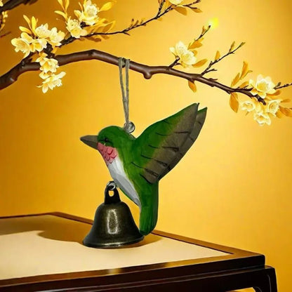 Hand-Carved Hummingbird Figurine Wooden with Bell Wind Chime Pendant Wood Grain with Soothing Sound Mini Sculpture - Smoothy Home
