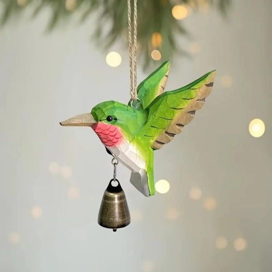 Hand-Carved Hummingbird Figurine Wooden with Bell Wind Chime Pendant Wood Grain with Soothing Sound Mini Sculpture - Smoothy Home