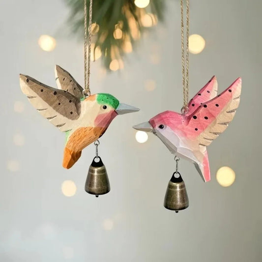Hand-Carved Hummingbird Figurine Wooden with Bell Wind Chime Pendant Wood Grain with Soothing Sound Mini Sculpture - Smoothy Home