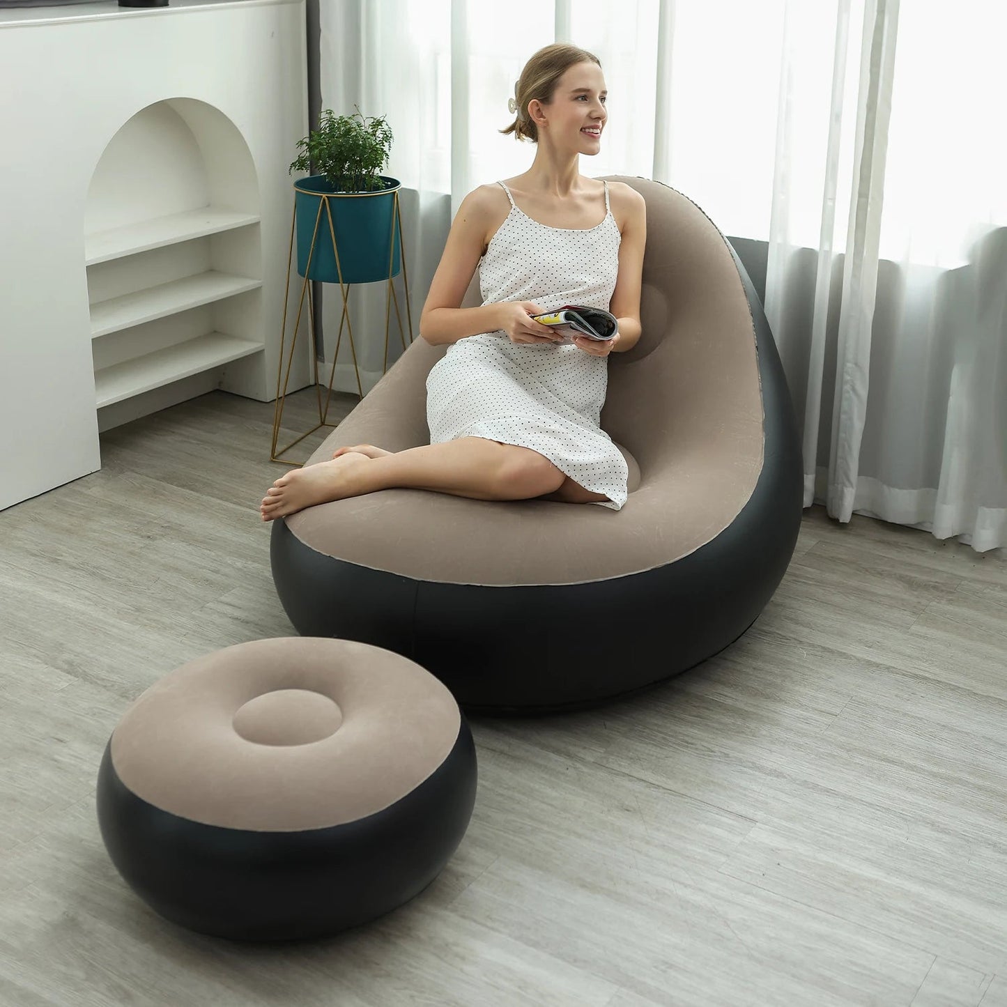 Inflatable Lounge Chair for Adults, Folding Portable Lazy Sofa with Foot Stool ,Air Couch Sofa for Livingroom and Bedroom - Smoothy Home