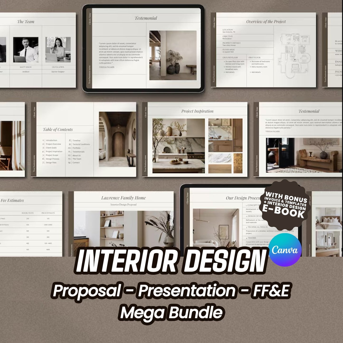 Interior Design Proposal + Presentation + FF&E Mega Bundle | Canva Editable Client Proposal Templates + E-Book - Smoothy Home