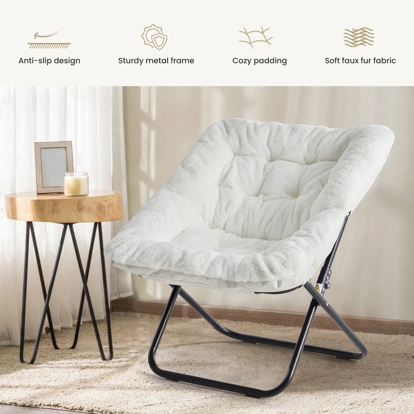 JHK 28IN Cozy Saucer Chairs Soft Faux Fur Large Size Folding Lounge Living Room Padded Seat Metal Frame Reading Chair Furniture - Smoothy Home