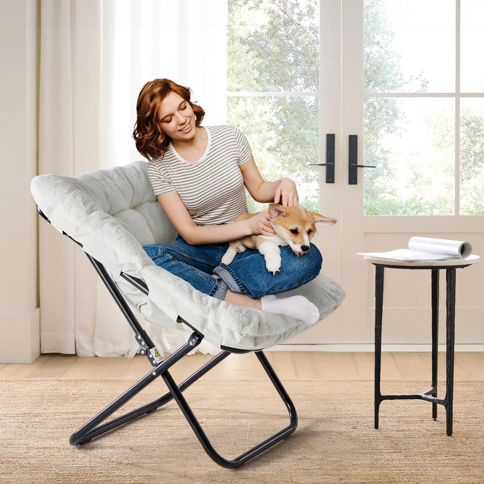 JHK 28IN Cozy Saucer Chairs Soft Faux Fur Large Size Folding Lounge Living Room Padded Seat Metal Frame Reading Chair Furniture - Smoothy Home