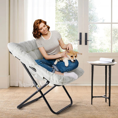 JHK 28IN Cozy Saucer Chairs Soft Faux Fur Large Size Folding Lounge Living Room Padded Seat Metal Frame Reading Chair Furniture - Smoothy Home