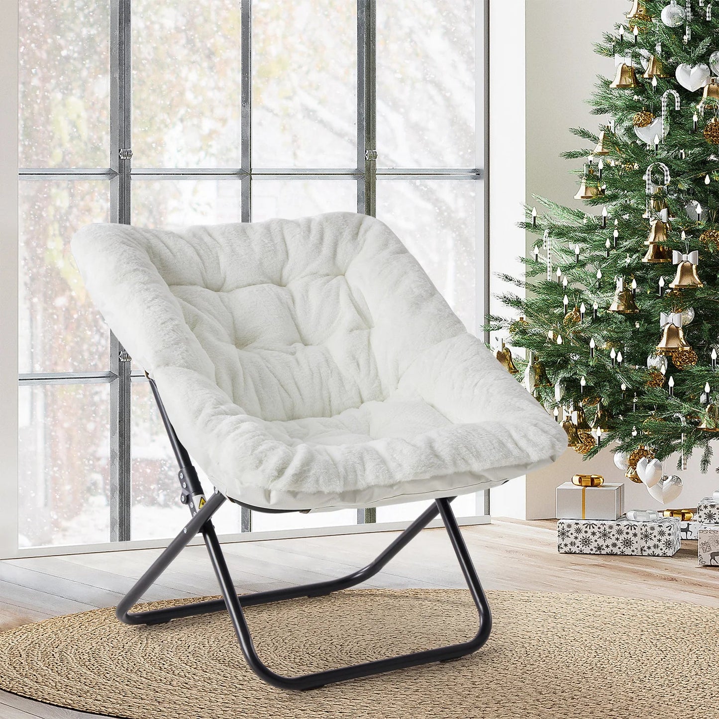 JHK 28IN Cozy Saucer Chairs Soft Faux Fur Large Size Folding Lounge Living Room Padded Seat Metal Frame Reading Chair Furniture - Smoothy Home