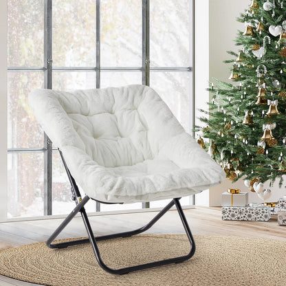 JHK 28IN Cozy Saucer Chairs Soft Faux Fur Large Size Folding Lounge Living Room Padded Seat Metal Frame Reading Chair Furniture - Smoothy Home