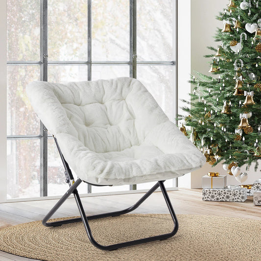 JHK 28IN Cozy Saucer Chairs Soft Faux Fur Large Size Folding Lounge Living Room Padded Seat Metal Frame Reading Chair Furniture - Smoothy Home
