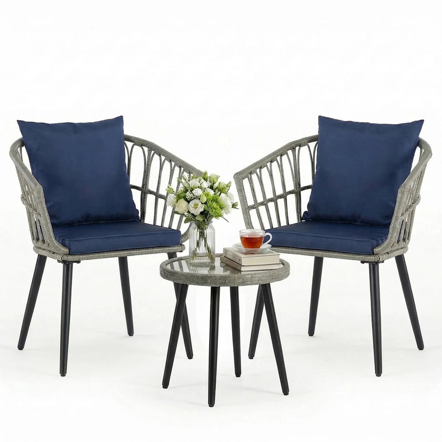 JHK 3 Pieces Wicker Patio Outdoor Set with Soft Cushion and Glass Steel Frame Table Manual Weaving Patio Chairs For Garden Lawn - Smoothy Home