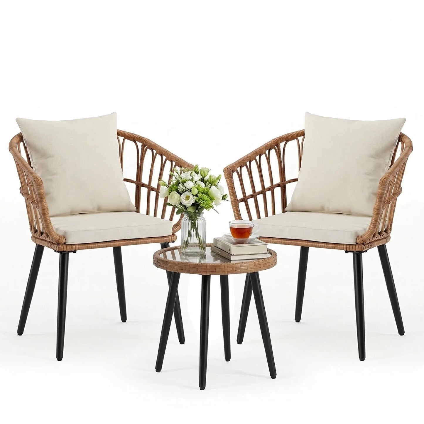 JHK 3 Pieces Wicker Patio Outdoor Set with Soft Cushion and Glass Steel Frame Table Manual Weaving Patio Chairs For Garden Lawn - Smoothy Home