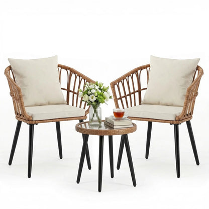 JHK 3 Pieces Wicker Patio Outdoor Set with Soft Cushion and Glass Steel Frame Table Manual Weaving Patio Chairs For Garden Lawn - Smoothy Home