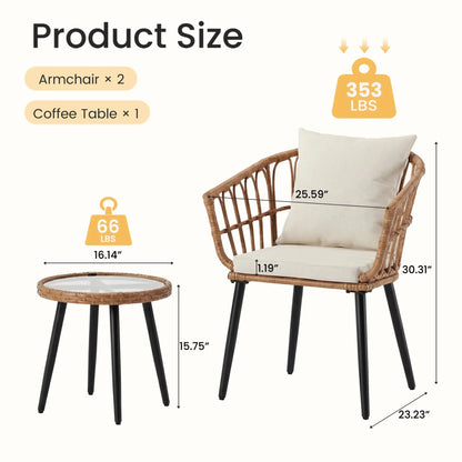 JHK 3 Pieces Wicker Patio Outdoor Set with Soft Cushion and Glass Steel Frame Table Manual Weaving Patio Chairs For Garden Lawn - Smoothy Home