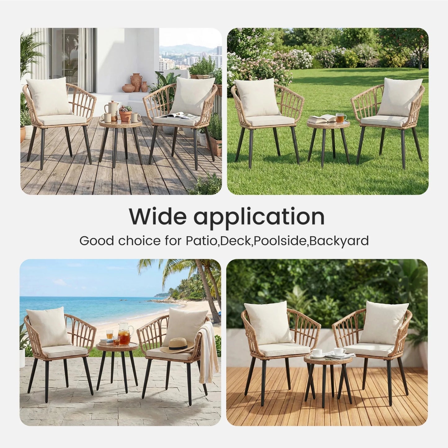 JHK 3 Pieces Wicker Patio Outdoor Set with Soft Cushion and Glass Steel Frame Table Manual Weaving Patio Chairs For Garden Lawn - Smoothy Home
