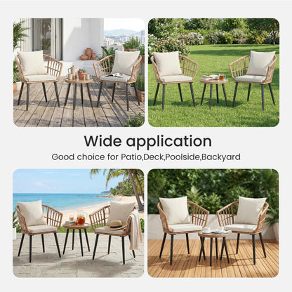 JHK 3 Pieces Wicker Patio Outdoor Set with Soft Cushion and Glass Steel Frame Table Manual Weaving Patio Chairs For Garden Lawn - Smoothy Home