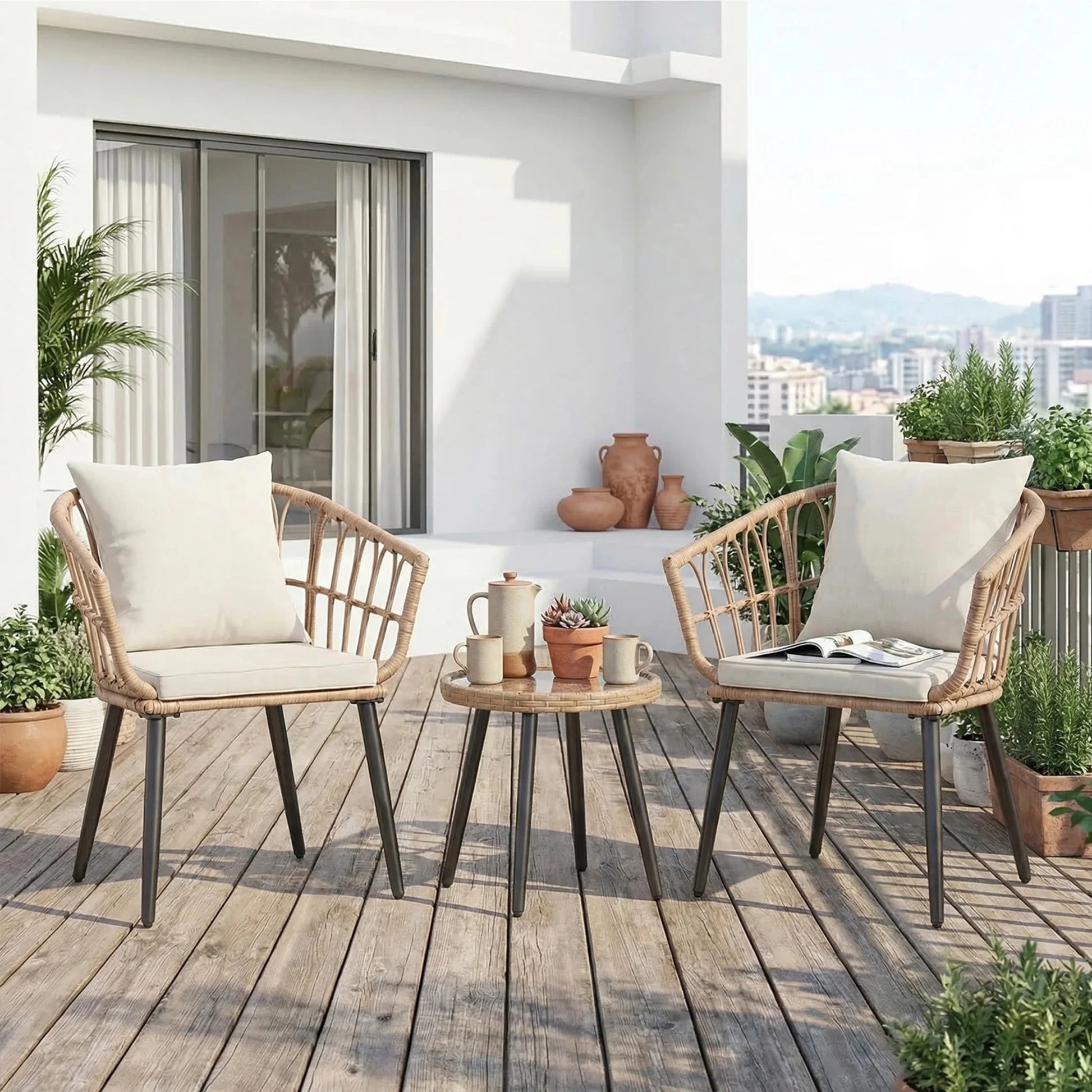 JHK 3 Pieces Wicker Patio Outdoor Set with Soft Cushion and Glass Steel Frame Table Manual Weaving Patio Chairs For Garden Lawn - Smoothy Home