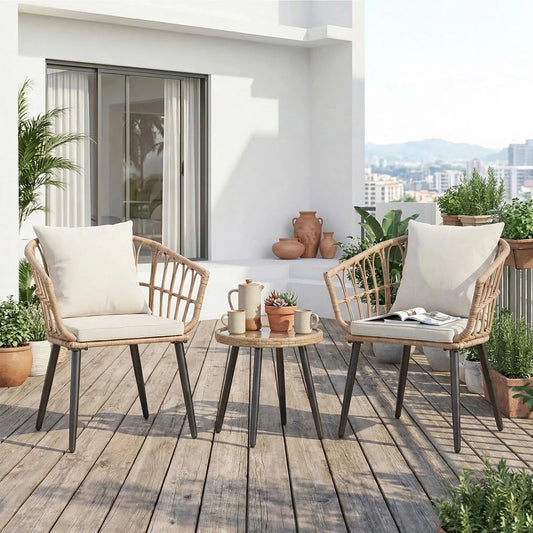 JHK 3 Pieces Wicker Patio Outdoor Set with Soft Cushion and Glass Steel Frame Table Manual Weaving Patio Chairs For Garden Lawn - Smoothy Home