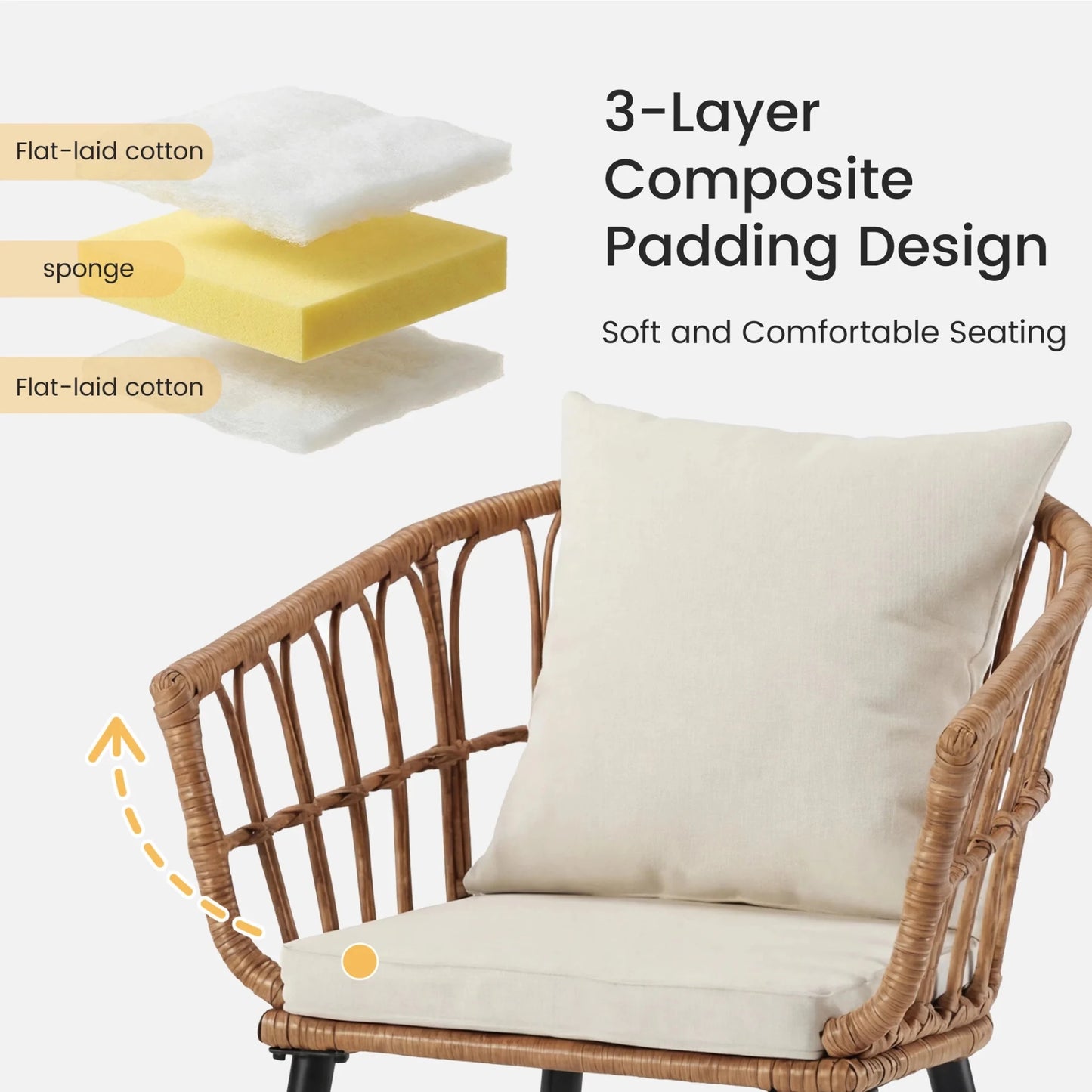 JHK 3 Pieces Wicker Patio Outdoor Set with Soft Cushion and Glass Steel Frame Table Manual Weaving Patio Chairs For Garden Lawn - Smoothy Home