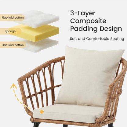 JHK 3 Pieces Wicker Patio Outdoor Set with Soft Cushion and Glass Steel Frame Table Manual Weaving Patio Chairs For Garden Lawn - Smoothy Home