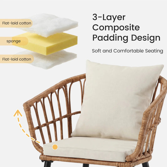 JHK 3 Pieces Wicker Patio Outdoor Set with Soft Cushion and Glass Steel Frame Table Manual Weaving Patio Chairs For Garden Lawn - Smoothy Home