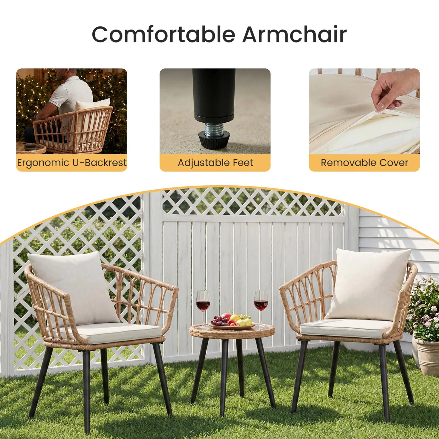 JHK 3 Pieces Wicker Patio Outdoor Set with Soft Cushion and Glass Steel Frame Table Manual Weaving Patio Chairs For Garden Lawn - Smoothy Home