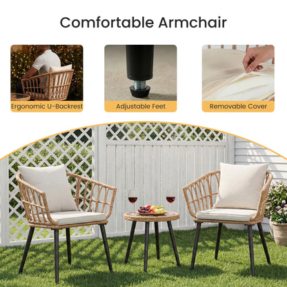 JHK 3 Pieces Wicker Patio Outdoor Set with Soft Cushion and Glass Steel Frame Table Manual Weaving Patio Chairs For Garden Lawn - Smoothy Home