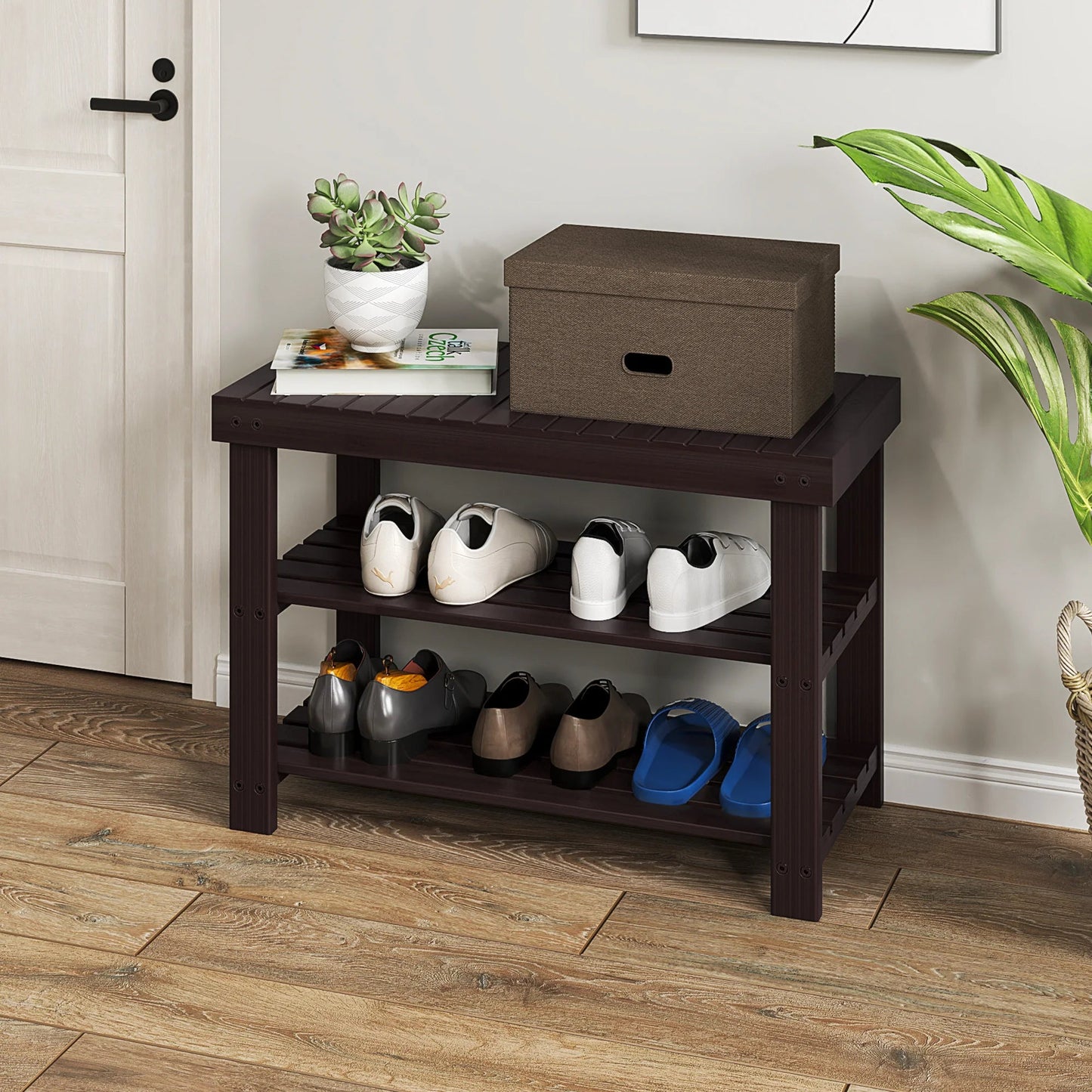 JHK 3-Tier Bamboo Entryway Benches Living Room Shoe Rack Bench Holds Up to 286 lb Storage Organizer for Bedroom Balcony - Smoothy Home