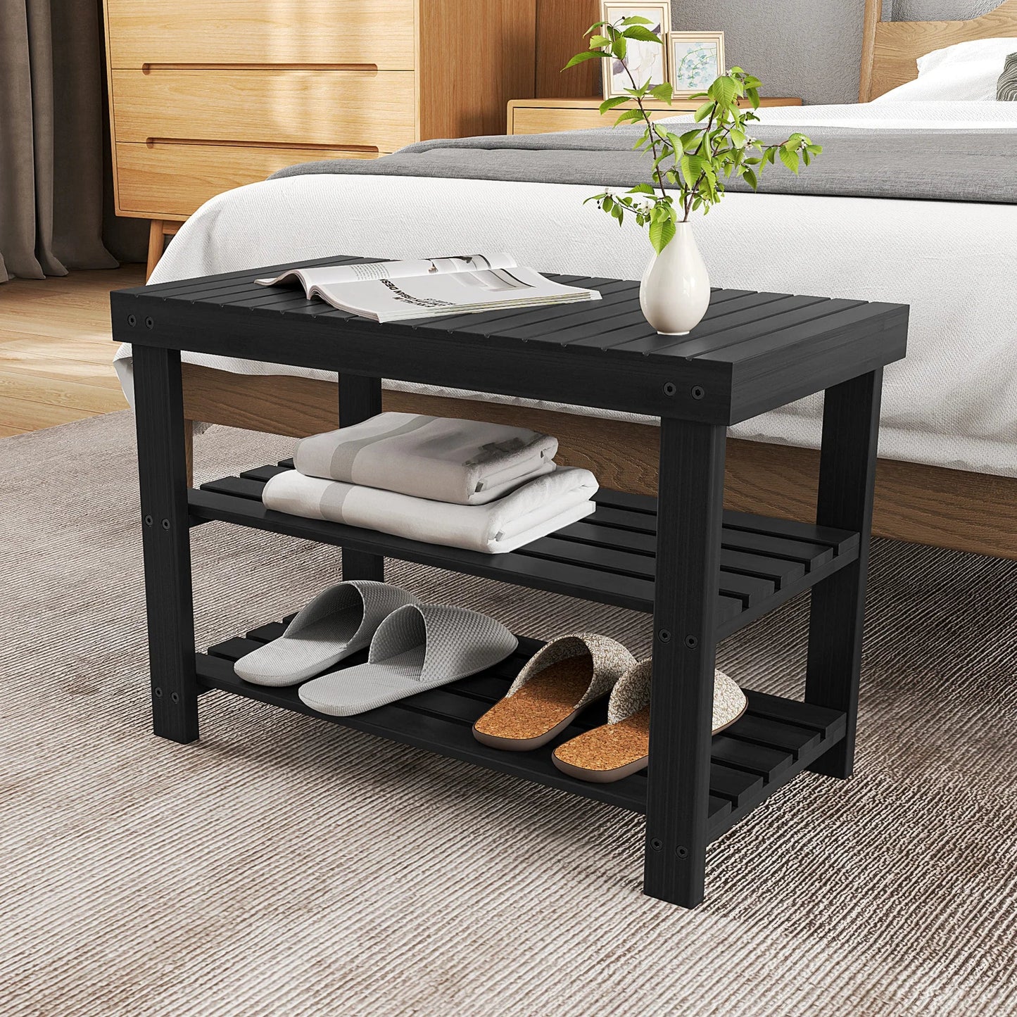 JHK 3-Tier Bamboo Entryway Benches Living Room Shoe Rack Bench Holds Up to 286 lb Storage Organizer for Bedroom Balcony - Smoothy Home