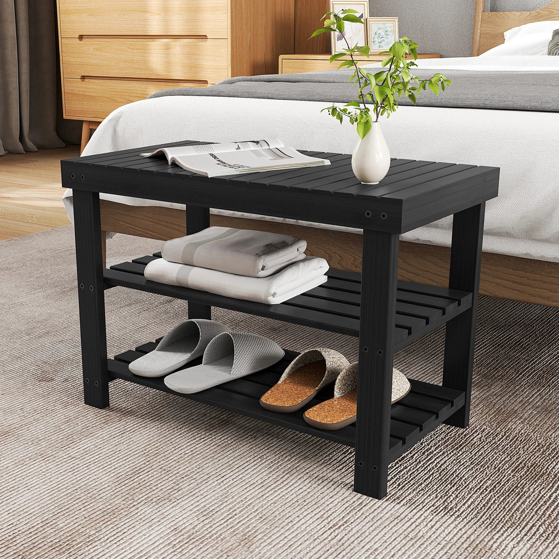 JHK 3-Tier Bamboo Entryway Benches Living Room Shoe Rack Bench Holds Up to 286 lb Storage Organizer for Bedroom Balcony - Smoothy Home
