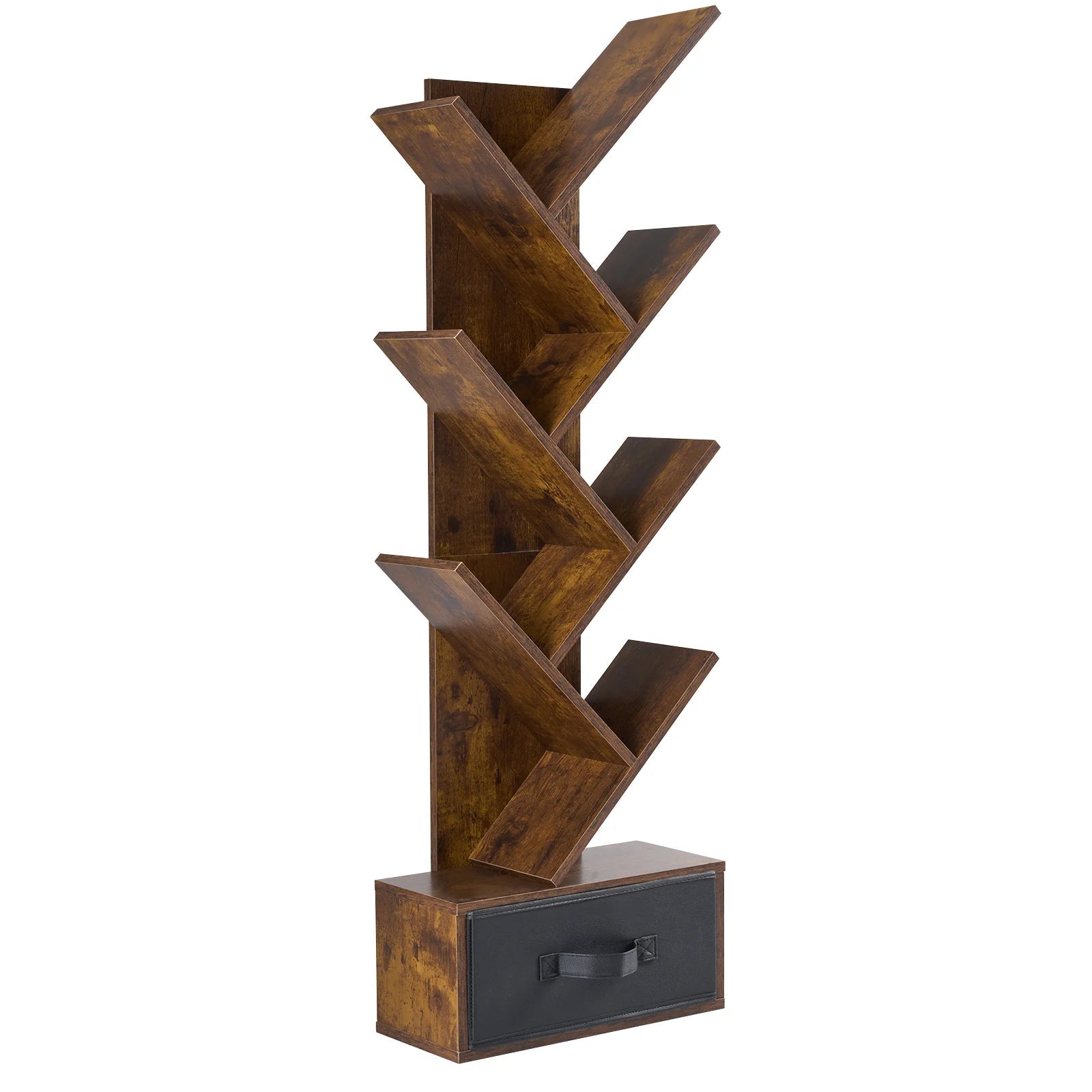 JHK 43IN Geometric Wooden Book Rack 7-Tier Tree Bookshelf Bookcase with Drawer Slim Corner Bookshelf for Home Small Spaces - Smoothy Home