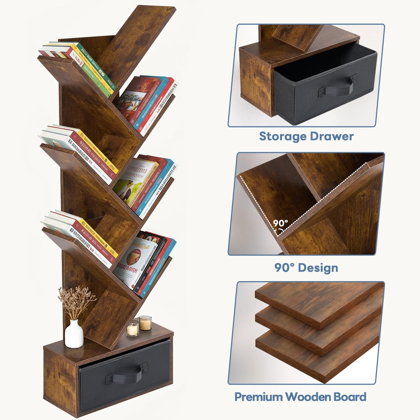 JHK 43IN Geometric Wooden Book Rack 7-Tier Tree Bookshelf Bookcase with Drawer Slim Corner Bookshelf for Home Small Spaces - Smoothy Home