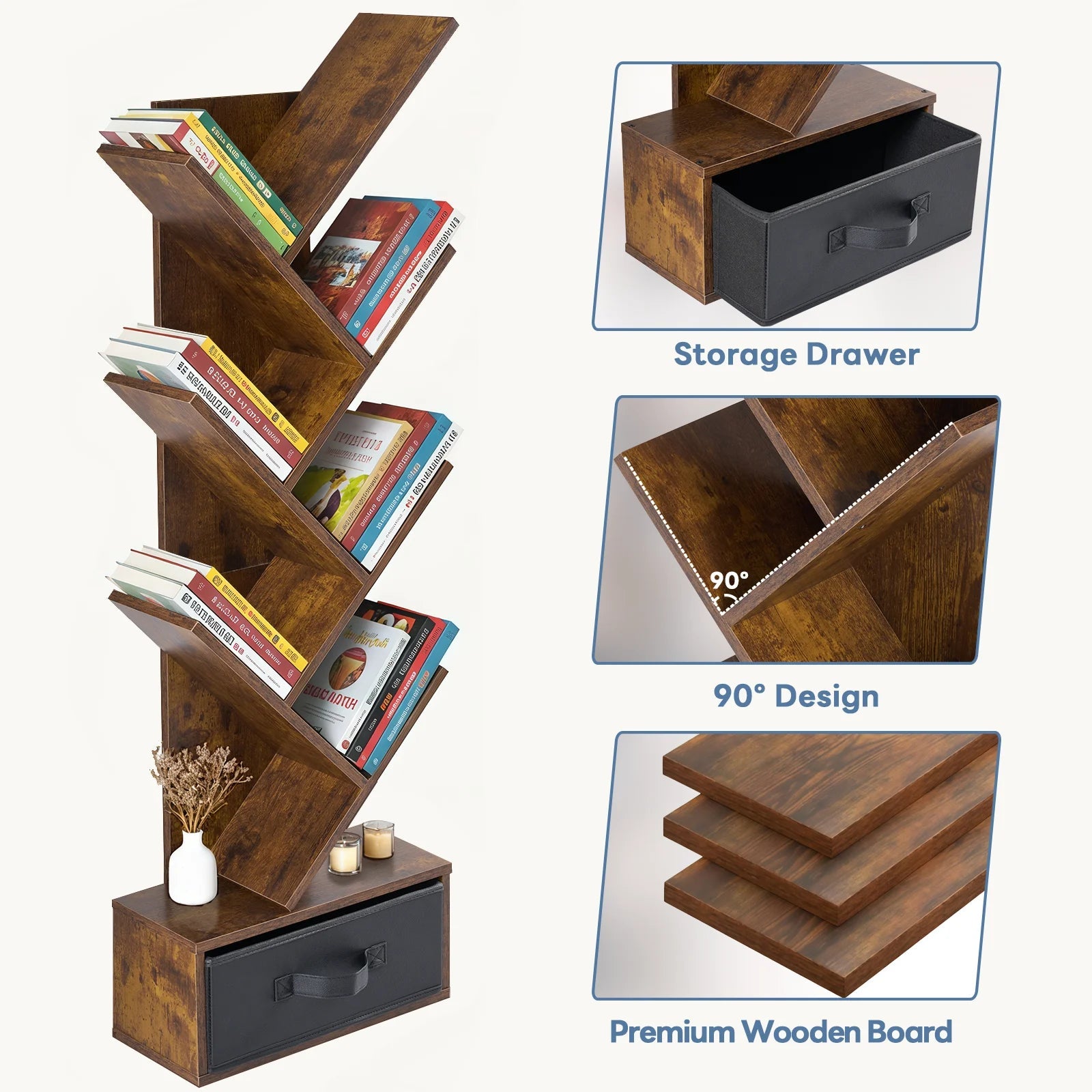 JHK 43IN Geometric Wooden Book Rack 7-Tier Tree Bookshelf Bookcase with Drawer Slim Corner Bookshelf for Home Small Spaces - Smoothy Home