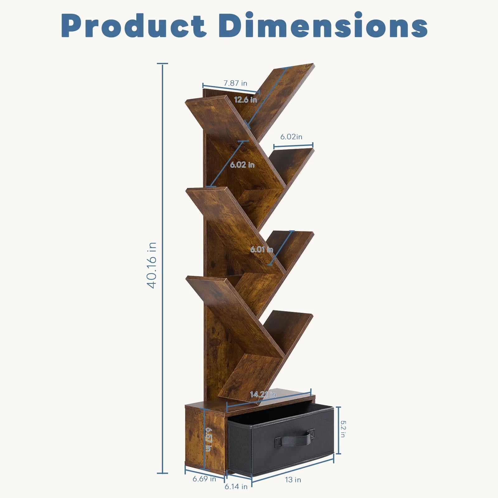 JHK 43IN Geometric Wooden Book Rack 7-Tier Tree Bookshelf Bookcase with Drawer Slim Corner Bookshelf for Home Small Spaces - Smoothy Home