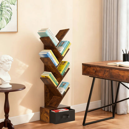 JHK 43IN Geometric Wooden Book Rack 7-Tier Tree Bookshelf Bookcase with Drawer Slim Corner Bookshelf for Home Small Spaces - Smoothy Home