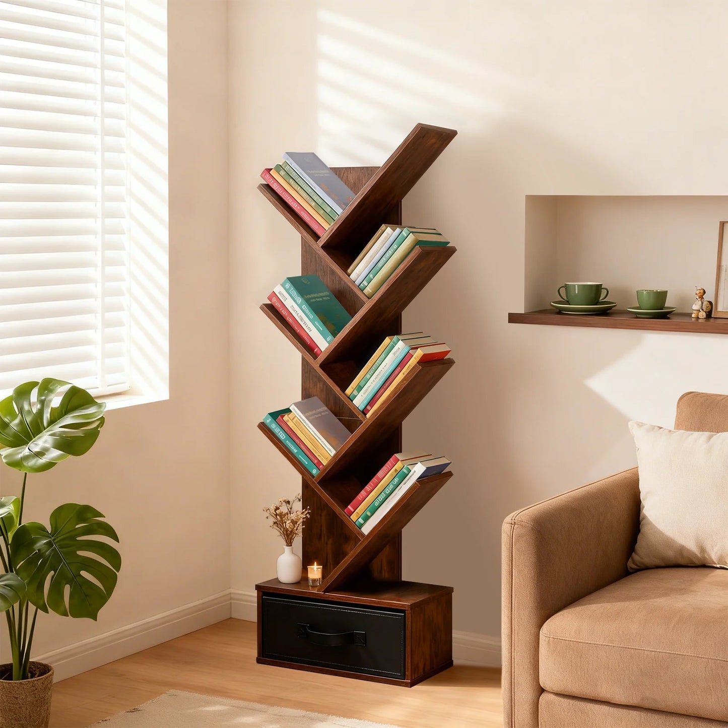 JHK 43IN Geometric Wooden Book Rack 7-Tier Tree Bookshelf Bookcase with Drawer Slim Corner Bookshelf for Home Small Spaces - Smoothy Home