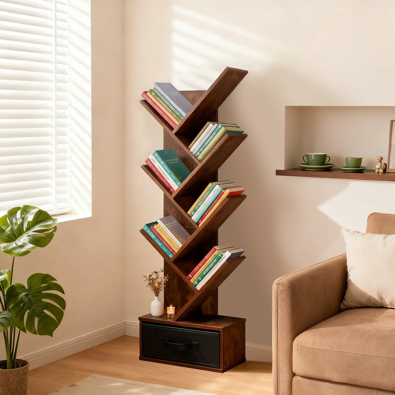 JHK 43IN Geometric Wooden Book Rack 7-Tier Tree Bookshelf Bookcase with Drawer Slim Corner Bookshelf for Home Small Spaces - Smoothy Home