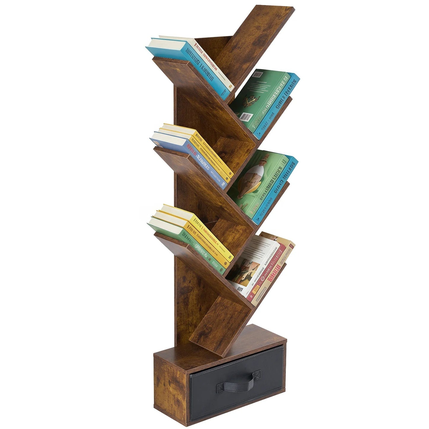JHK 43IN Geometric Wooden Book Rack 7-Tier Tree Bookshelf Bookcase with Drawer Slim Corner Bookshelf for Home Small Spaces - Smoothy Home