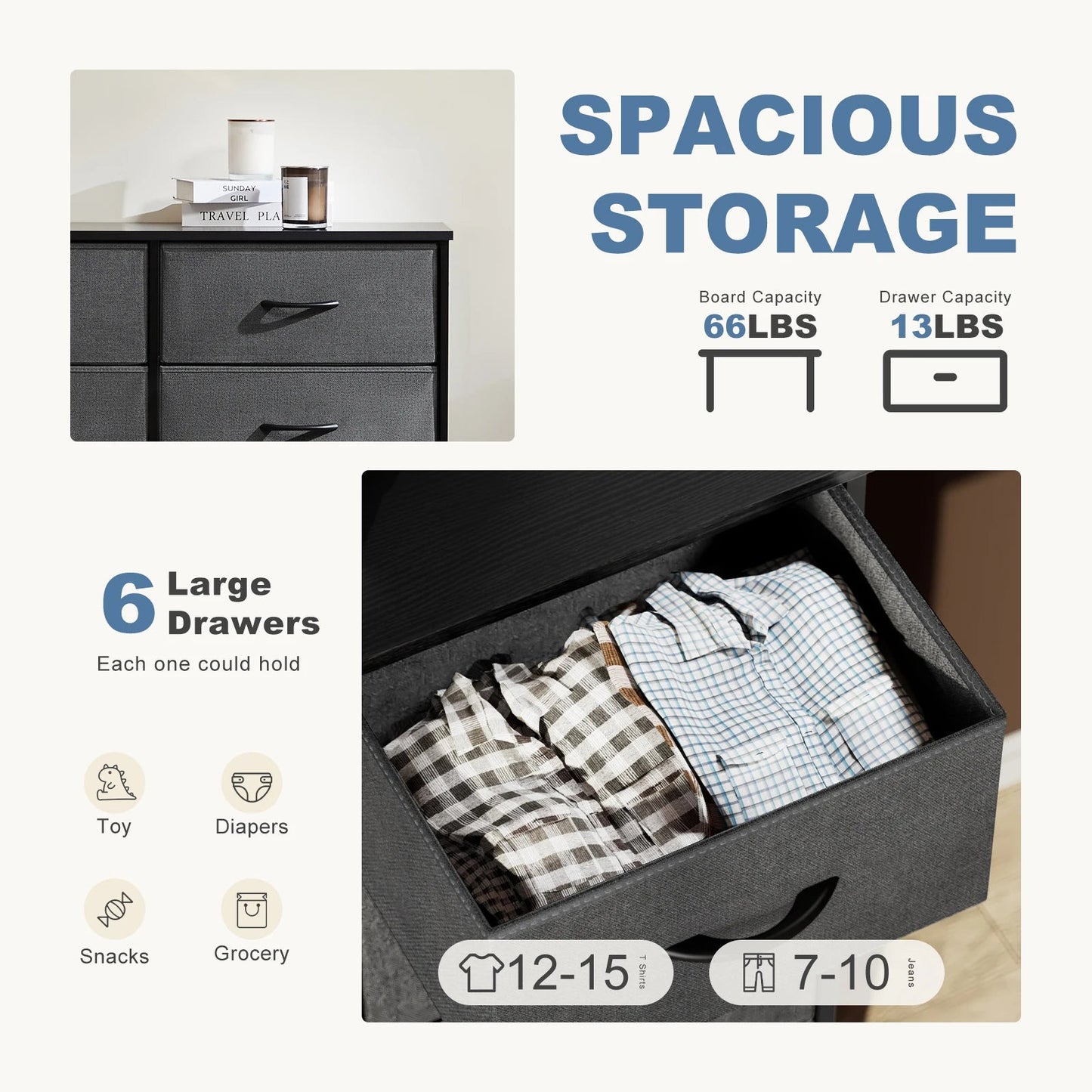 JHK 6 Fabric Drawers Nightstand For Bedroom Bedside Sofa Table With Storage Closet Chest Clothes Display Cabinet Furniture - Smoothy Home