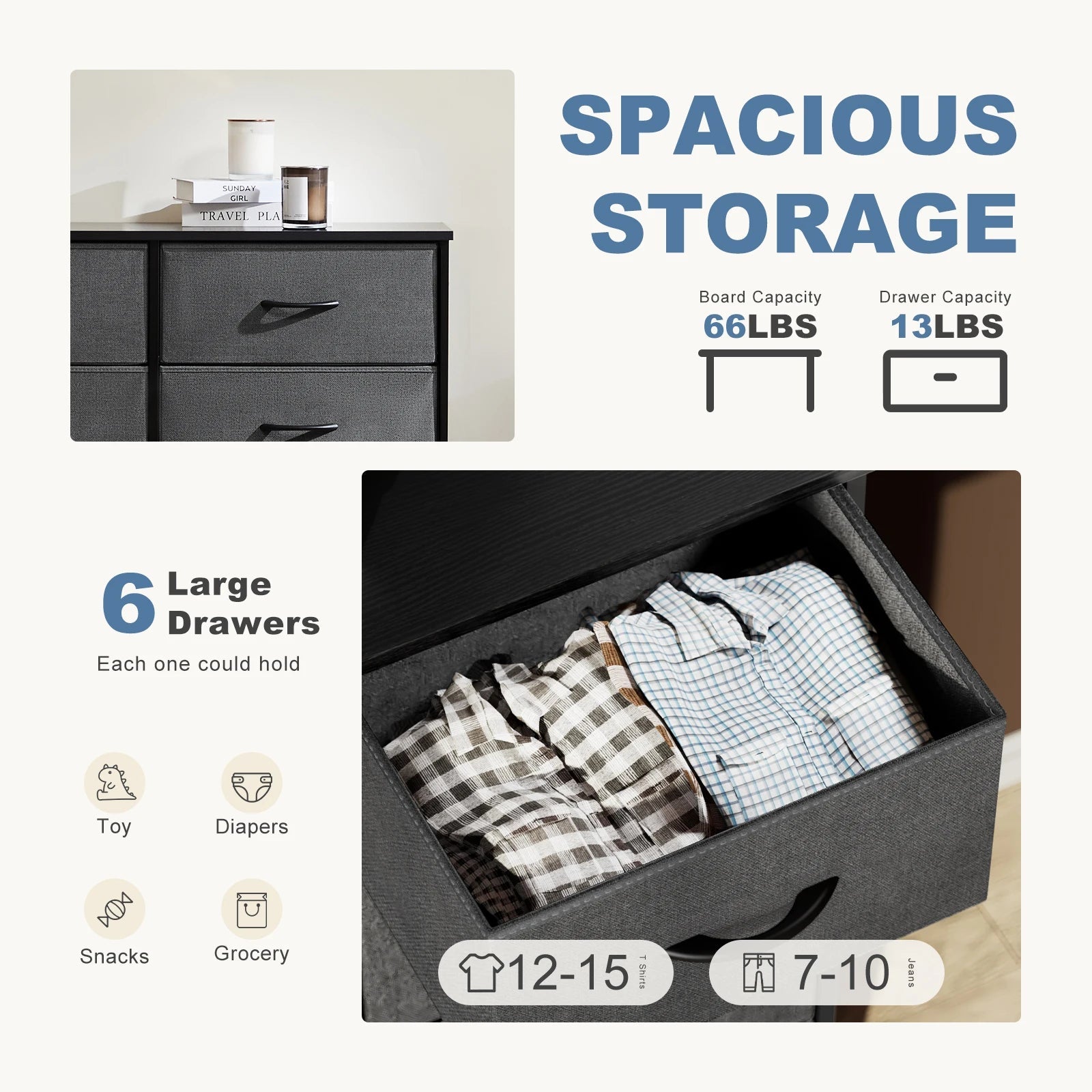JHK 6 Fabric Drawers Nightstand For Bedroom Bedside Sofa Table With Storage Closet Chest Clothes Display Cabinet Furniture - Smoothy Home
