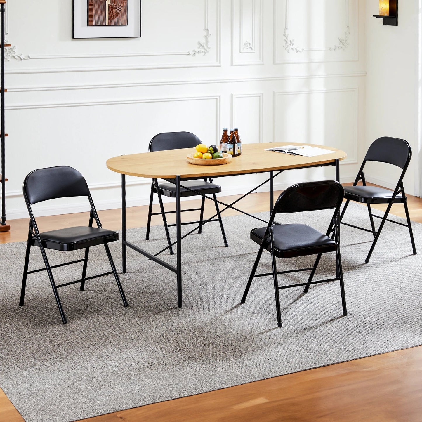 JHK Leather Padded Folding Chair 4 Pack Sturdy Metal Living Room Rocking Dinner Chairs Easy to Use Storage Outdoor Home Office - Smoothy Home