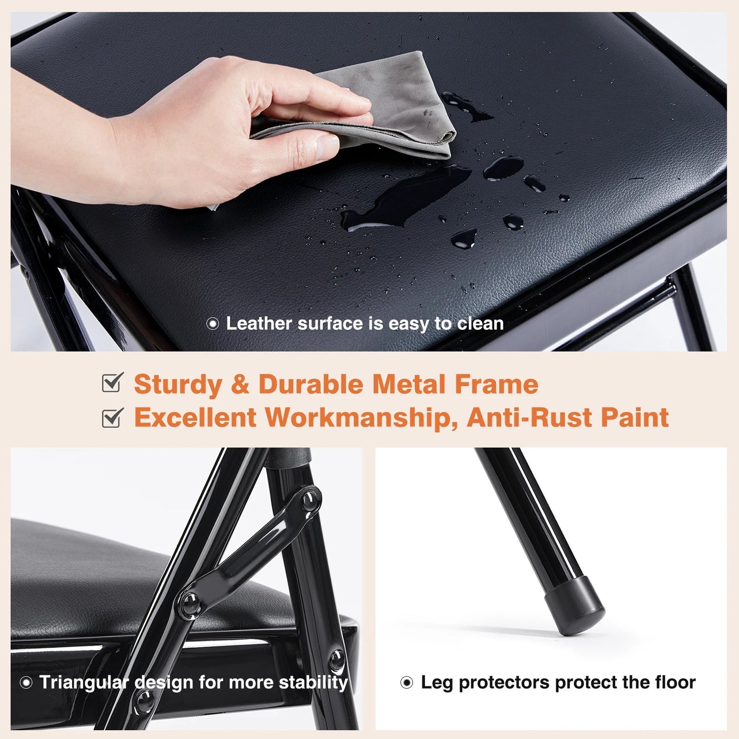 JHK Leather Padded Folding Chair 4 Pack Sturdy Metal Living Room Rocking Dinner Chairs Easy to Use Storage Outdoor Home Office - Smoothy Home