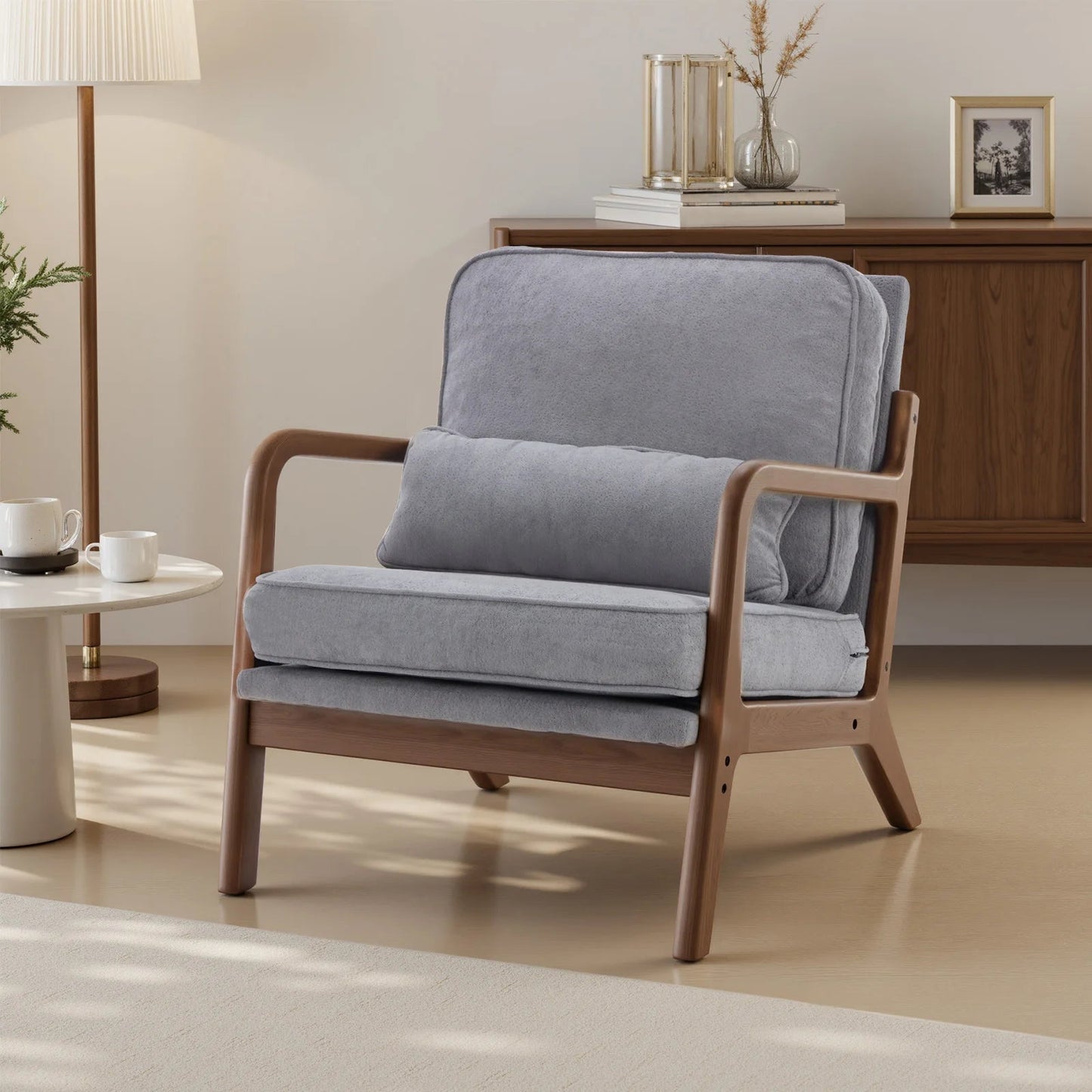 JHK Mid Century Modern Chair Solid Wooden Frame Accent Chair with Arms and Waist Cushion Reading Chairs for Adults Lounge Chair - Smoothy Home