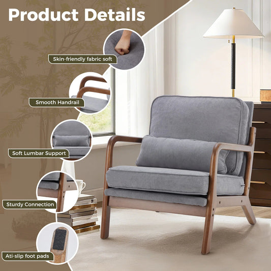 JHK Mid Century Modern Chair Solid Wooden Frame Accent Chair with Arms and Waist Cushion Reading Chairs for Adults Lounge Chair - Smoothy Home