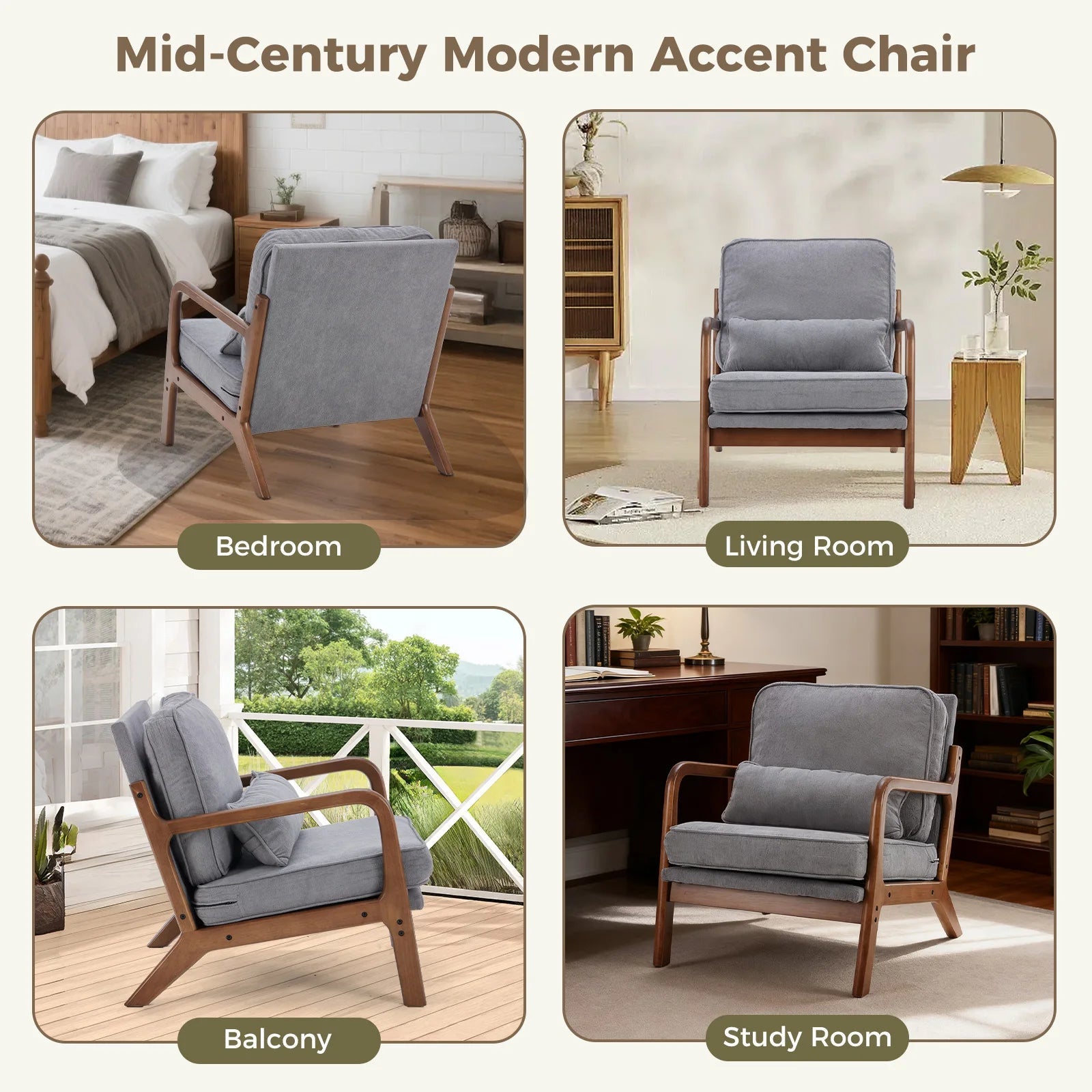 JHK Mid Century Modern Chair Solid Wooden Frame Accent Chair with Arms and Waist Cushion Reading Chairs for Adults Lounge Chair - Smoothy Home
