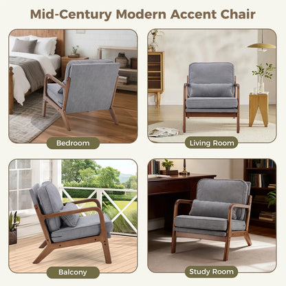 JHK Mid Century Modern Chair Solid Wooden Frame Accent Chair with Arms and Waist Cushion Reading Chairs for Adults Lounge Chair - Smoothy Home