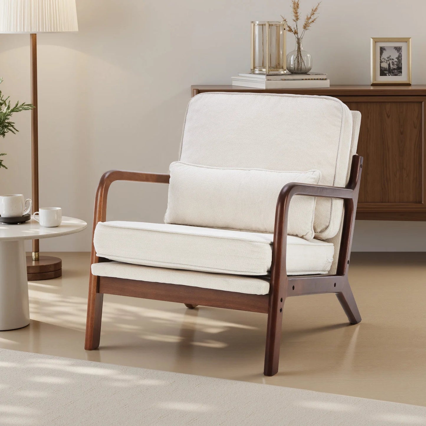 JHK Mid Century Modern Chair Solid Wooden Frame Accent Chair with Arms and Waist Cushion Reading Chairs for Adults Lounge Chair - Smoothy Home