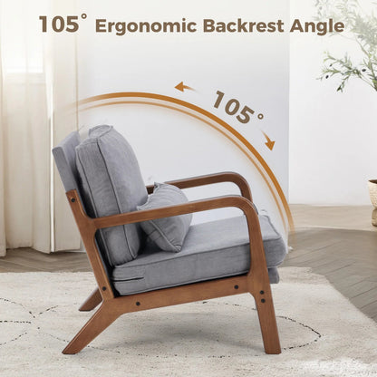 JHK Mid Century Modern Chair Solid Wooden Frame Accent Chair with Arms and Waist Cushion Reading Chairs for Adults Lounge Chair - Smoothy Home
